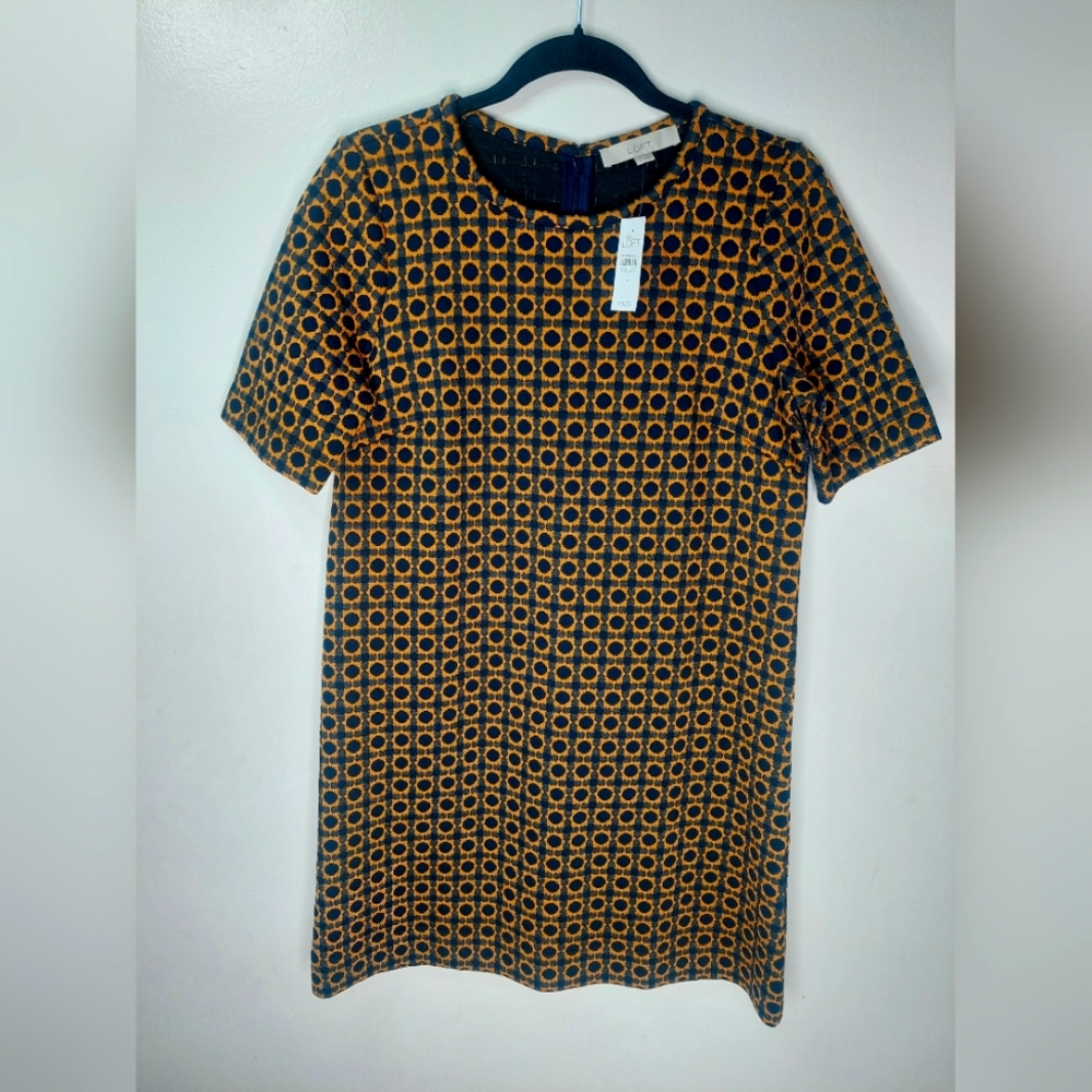 Ann Taylor Loft Sheath Dress Navy Blue Gold Geometric Vintage 90's
